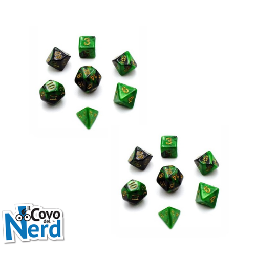 Set 7 dadi d&d marmorizzati verde muschio numeri dorati - Set 7 dadi d&d  marmorizzati verde muschio numeri dorati